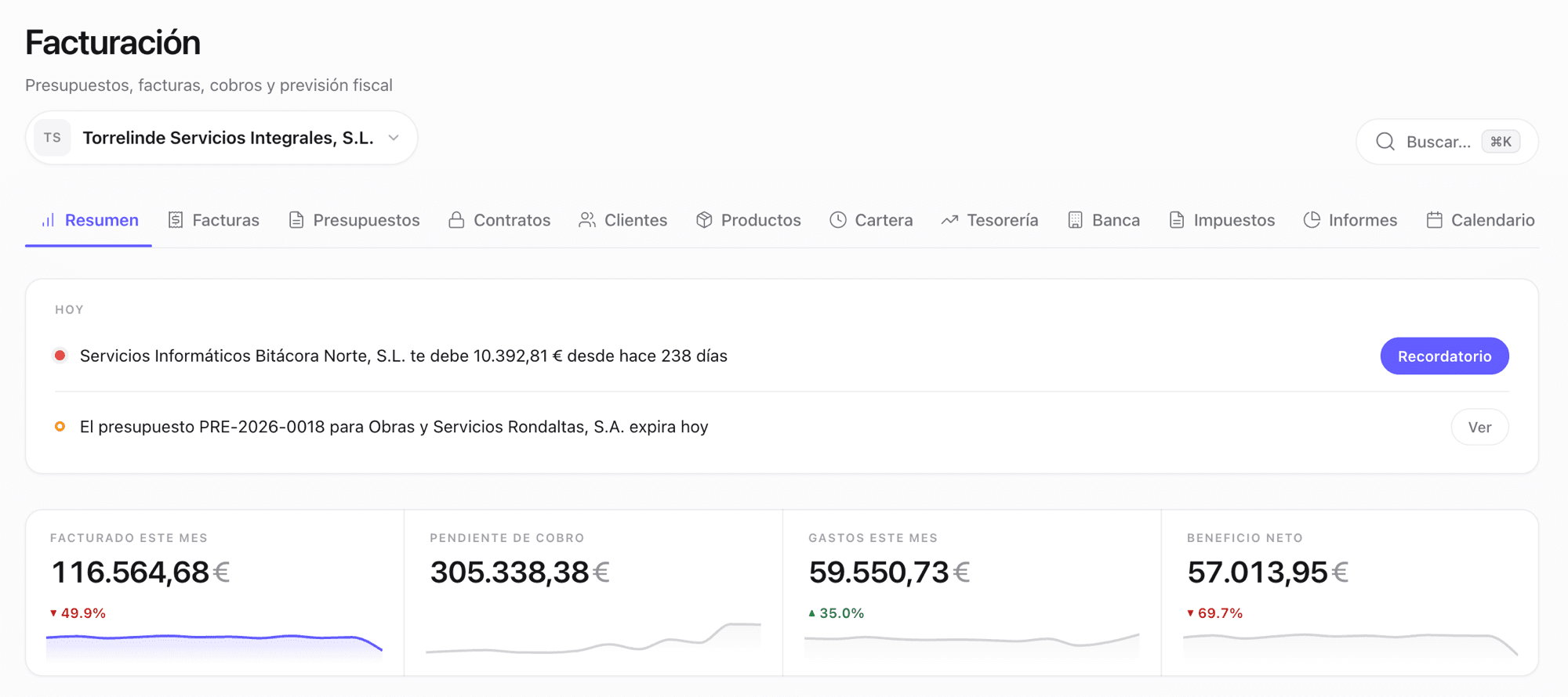 Invoicing module: cash-collection alerts and month-to-date figures