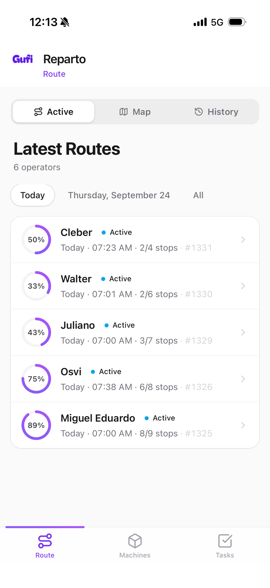Rutas y operadores en vivo